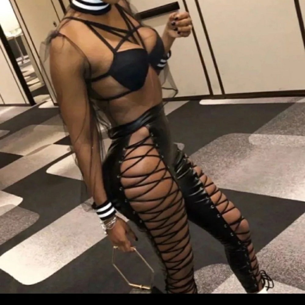 Sexy Black Patent Leather Lace Up Pants